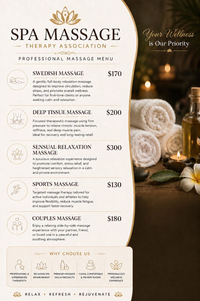 Spa Massage Therapy Association — professional massage menu flyer